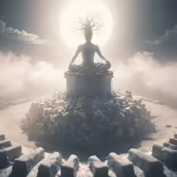 a surrealistic depiction of a person in a body of water surrounded by rocks