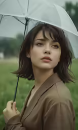 a young woman poses with an umbrella in the rain