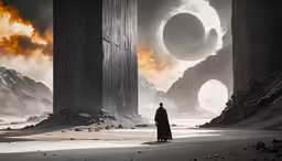 a man standing in front of some ruins and mountains