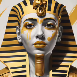 a statue wearing gold lipstick and an egyptian hat