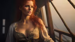 a girl in a pirate costume stands on a boat,a very pretty redhead with a long red hair