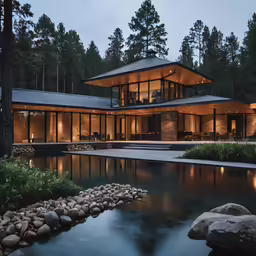 a long, contemporary house on the side of a stream at night