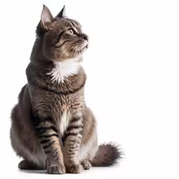 a brown and white cat sitting and looking up