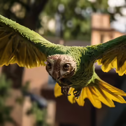 a green and yellow parrot is flying with wings spread