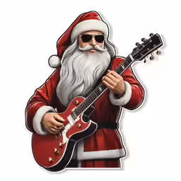 a santa with glasses and a beard holding a guitar