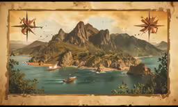 a painting of an old looking mountain lake and island