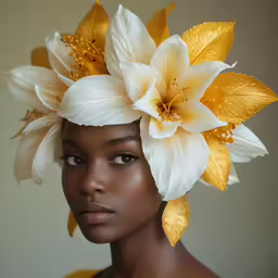 a close up of a person with a flower in their hair