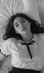 a woman laying on a bed under a sheet