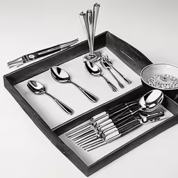 a black and white photo of a tray with silverware