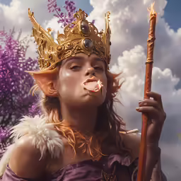 the woman dressed as she is holding a stick