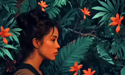 a young woman looks into her face as she sits in front of red flowers