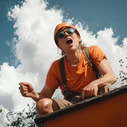 a man wearing glasses and an orange shirt, sitting on the ledge of a building