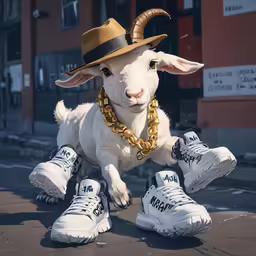 a goat with a hat and chain around it