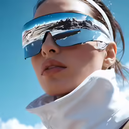 a woman wearing blue shades while standing on the sun