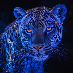 a leopard with glowing blue spots and yellow eyes