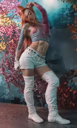 a woman with red hair and a bra top wearing white boots