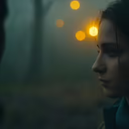 a girl stares intently towards something while sitting in the forest