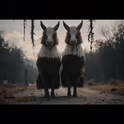 two animals with horns and long tails standing on a road