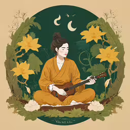 an illustration of a woman sitting in a flower field with a guitar,a person is sitting down playing the guitar