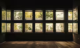 a window filled with lots of trees reflecting sunlight