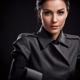 an attractive woman with a black jacket posing for the camera