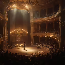 the stage in a theatre with a spotlight on the ceiling