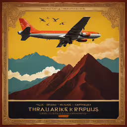 an advertisement for a travel company is shown,an airplane flying over mountains and a sky