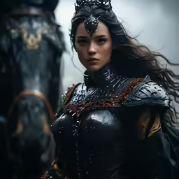 a woman is dressed in black and holding a horse
