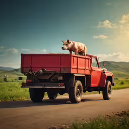 there is a cow standing on the top of the truck,a pig standing on top of the back of a red truck