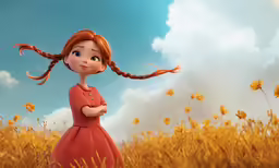 the animated girl is standing in a field