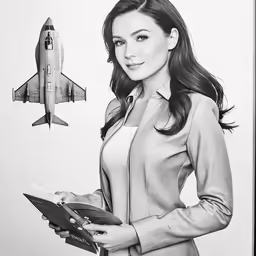 a girl holding a magazine and standing next to a rocket