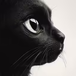a black cat with an eyeball is looking off to the side