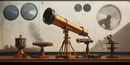 several different brass telescopes are on display with different small objects