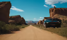 the truck is parked in front of the large rock formations