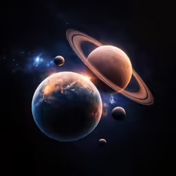 three planets in outer space with lights glowing on them