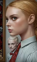 a photo of a woman looking at an older person