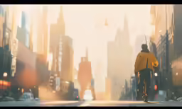 man riding bike on the street of a city in winter