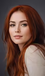 a woman with long red hair posing for a portrait