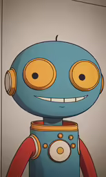 the head of a cartoon blue robot with big eyes