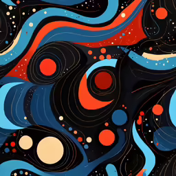 a painting that has different shades of blue, red and white