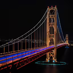 the bay bridge illuminated in red and blue during night
