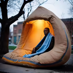 a man is sitting in a large bean bag chair with a light on
