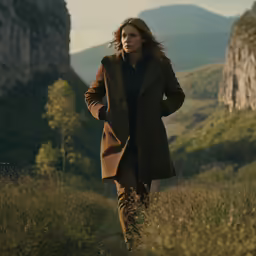 a woman walks in a tall field with a mountain behind her