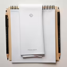 a white notebook with black spiral bound pages and a couple pens