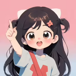 a young girl pointing up her hand at the camera