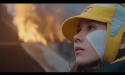 a girl wearing a yellow hat with a white face