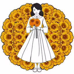 a woman holding flowers in front of a circle,a girl holding flowers in front of sunflowers,a woman is standing among large sunflowers with orange daisies,a girl is standing among the sunflowers,the girl with the sunflowers on the background