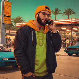 a man in a jacket talking on a cell phone next to a gas station,a man wearing glasses talking on the phone in a street