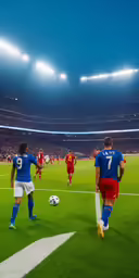 some people are in a big stadium and some players are playing soccer
