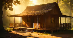 small wooden cabin sitting in the middle of some trees,a small wooden cabin sits in the fog